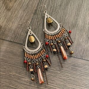 Boho Copper and Red Beaded Fringe Drop Earrings